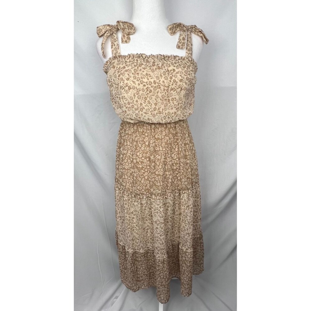 JAPNA Floral Tie Strap Midi Dress Women's Small Beige Smocked Foral Cottagecore